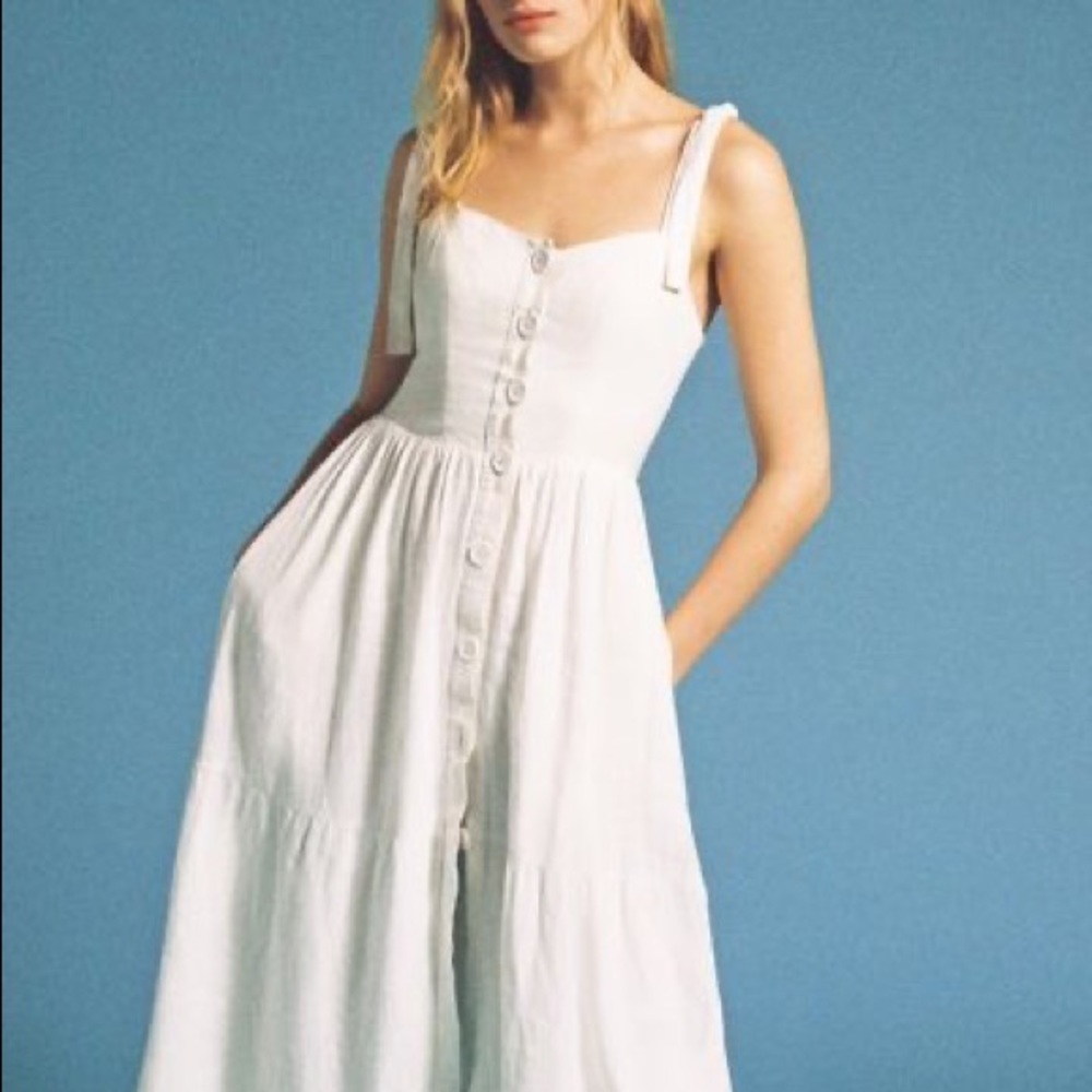UO Positano Linen Tie-Shoulder Midi Dress